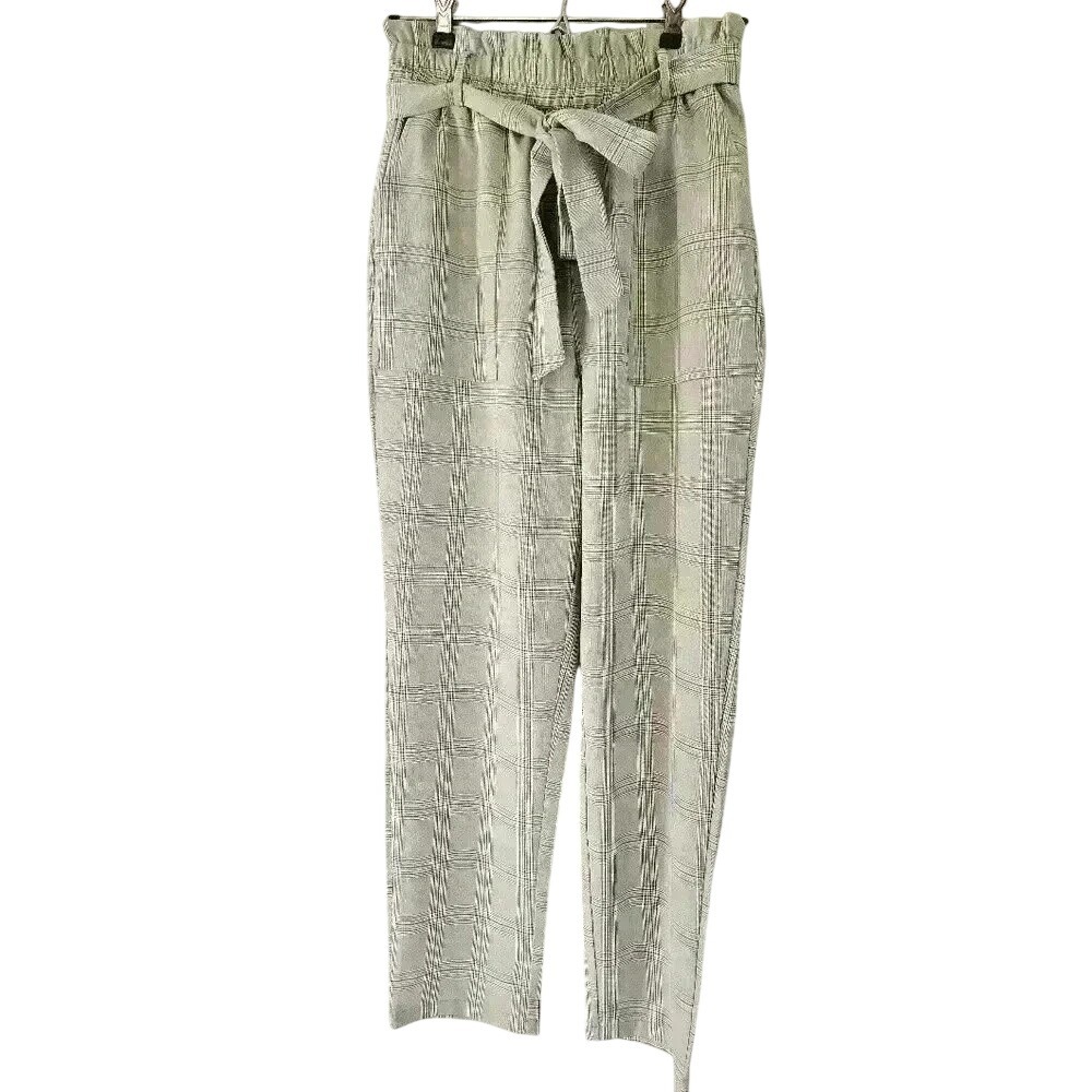 SHEIN LUNE Paperbag Waist Belted Tan/Blue/White Plaid Pants Small/4‎